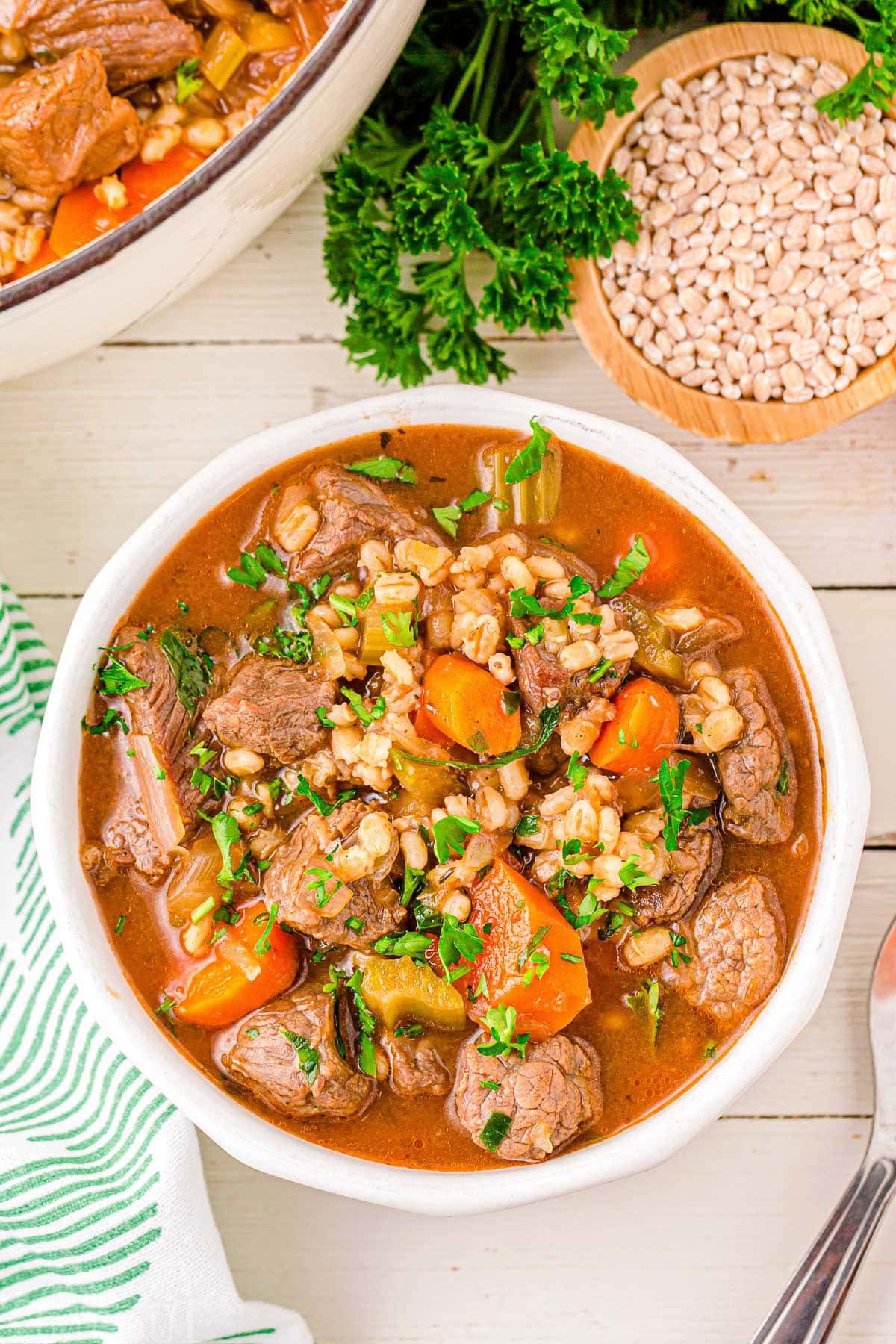 A top down view of a bowl of beef and barley soup.