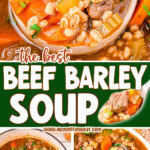 Three image collage for beef barley soup in pot and bowl. Center color block with text overlay.