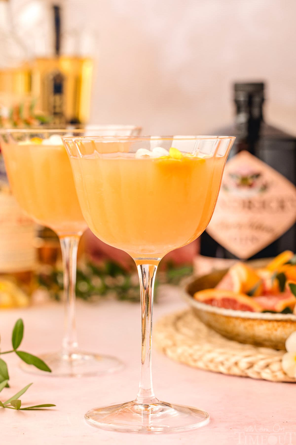 Two french blonde cocktails in coupe glasses ready to be enjoyed. Ingredients for the cocktail can be seen in the background.