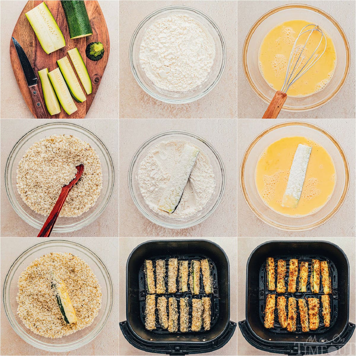 nine image collage showing how to cook zucchini in air fryer step by step.