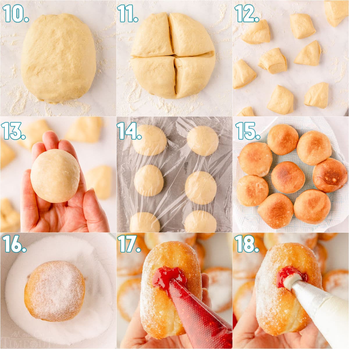 nine image collage that shows how to make stuffed donuts.