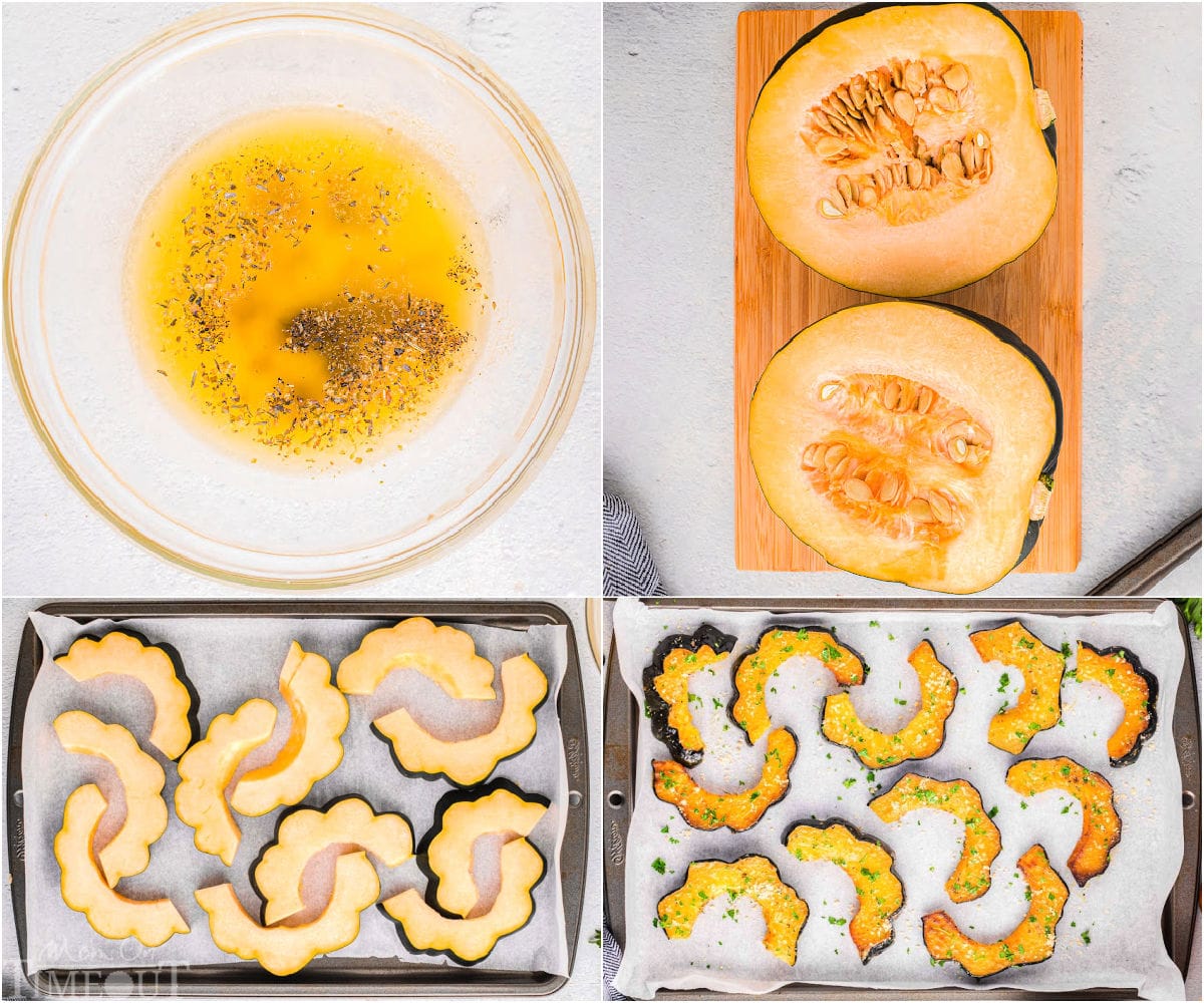 Collage of process shots for making roasted acorn squash.