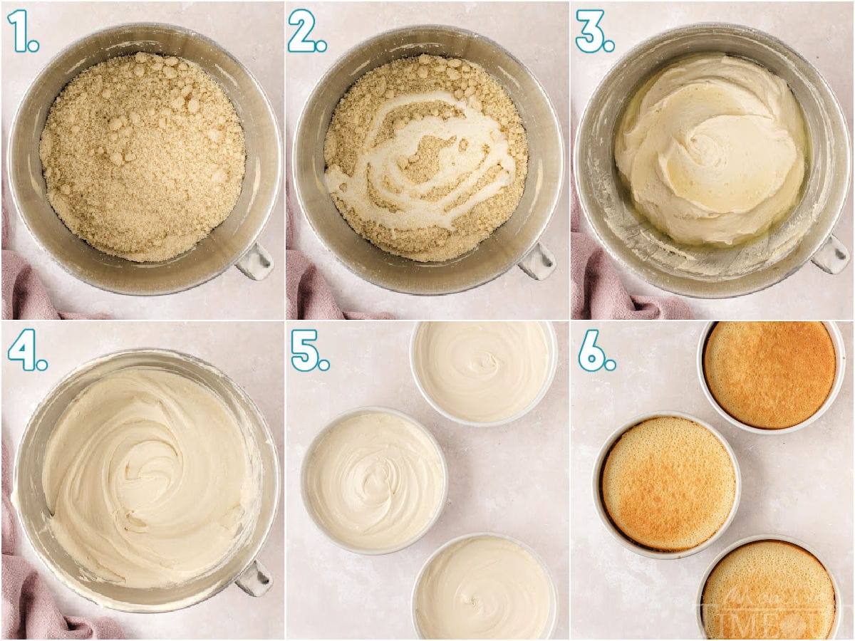 Six image collage showing how to make vanilla cakes.