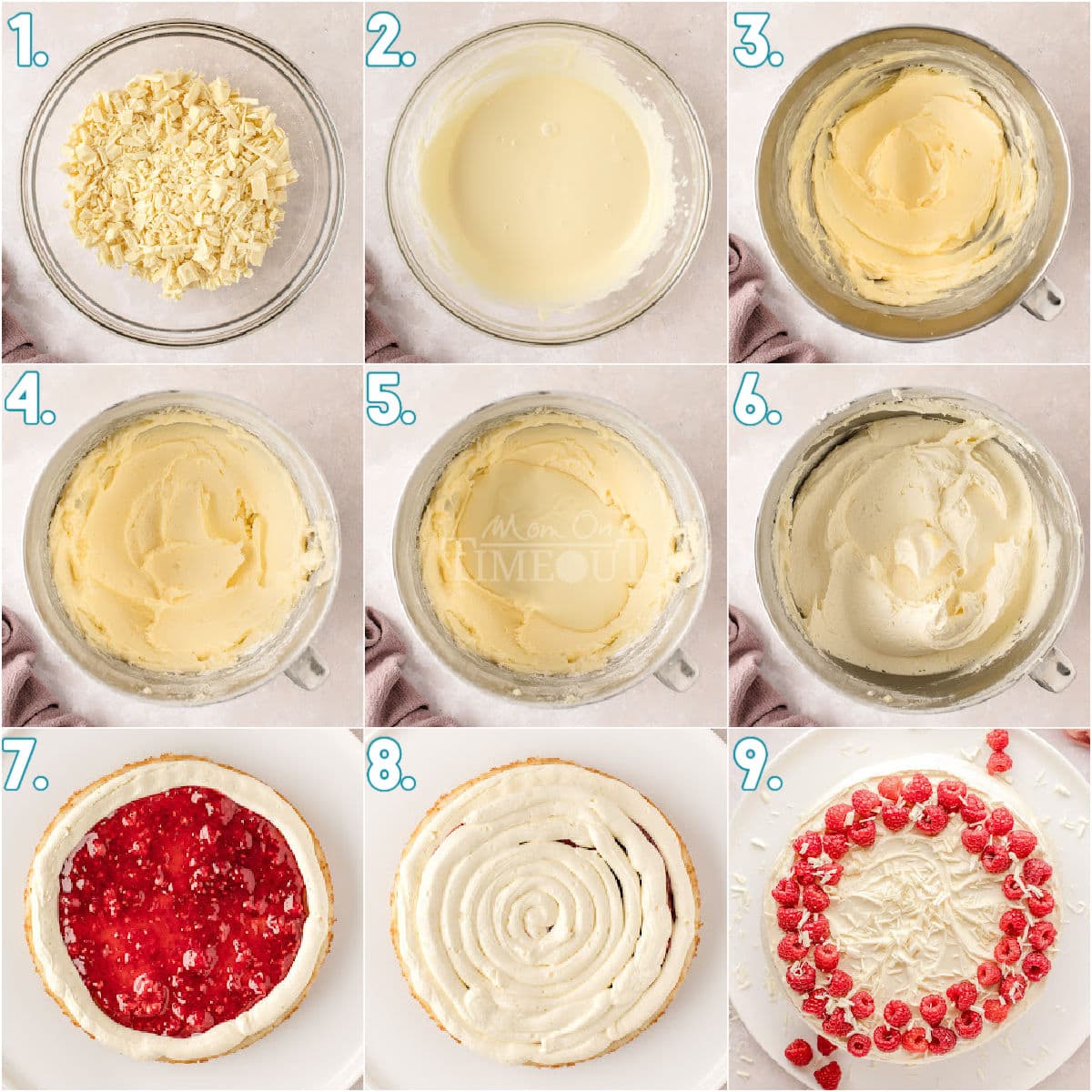 nine image collage showing how to make white chocolate buttercream and how to assembly white chocolate raspberry cake.