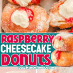 Three image collage of raspberry cheesecake donuts in a box, stacked on each other and with bites taken revealing the raspberry compote and cheesecake filling. Center color block with text overlay.