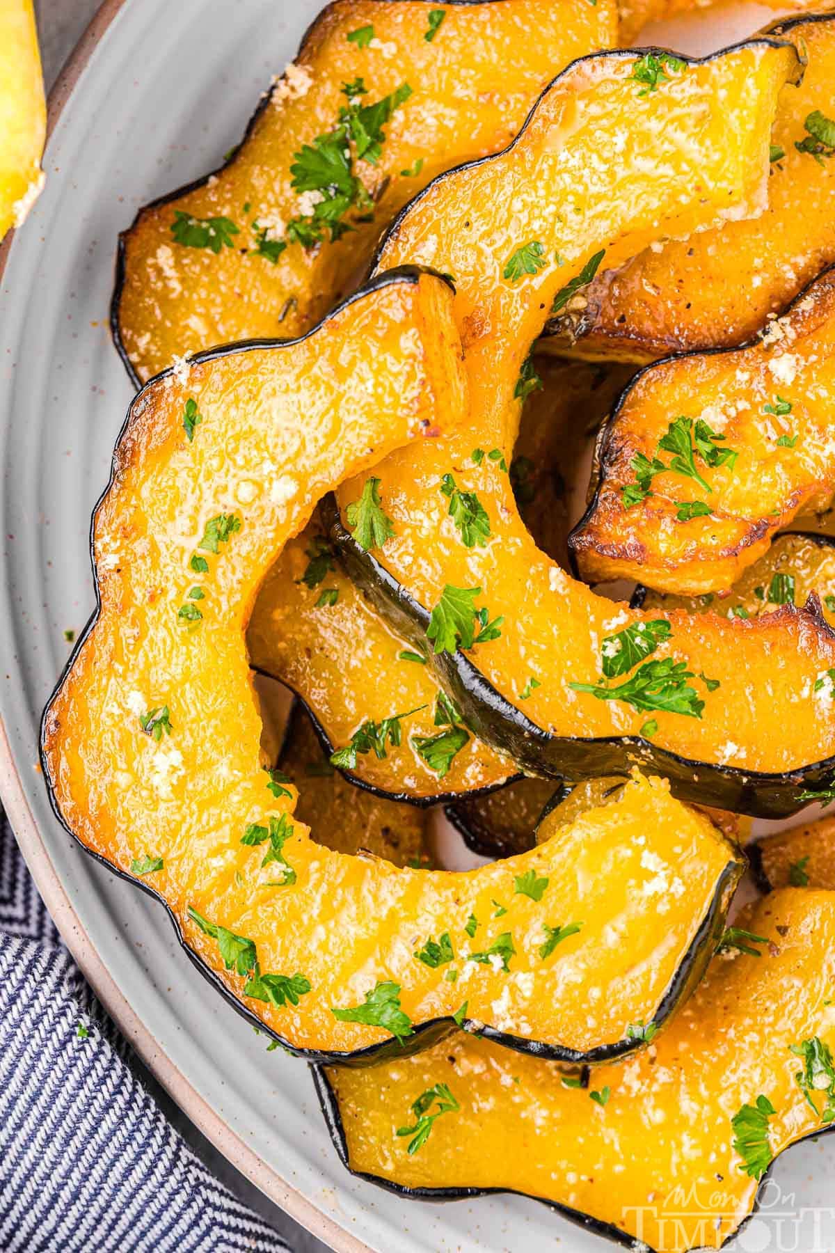 Top down shot of slices of roasted acorn squash.