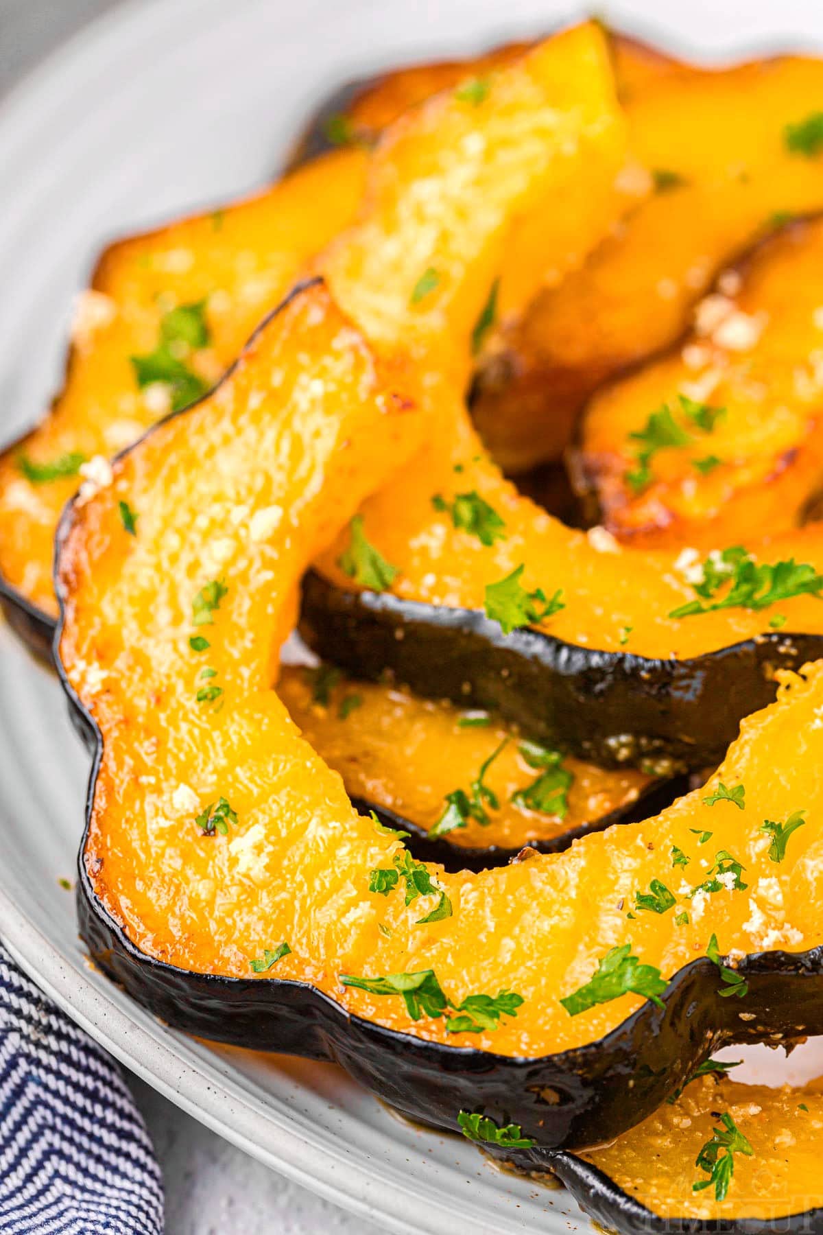 Close up of slices of acorn squash.