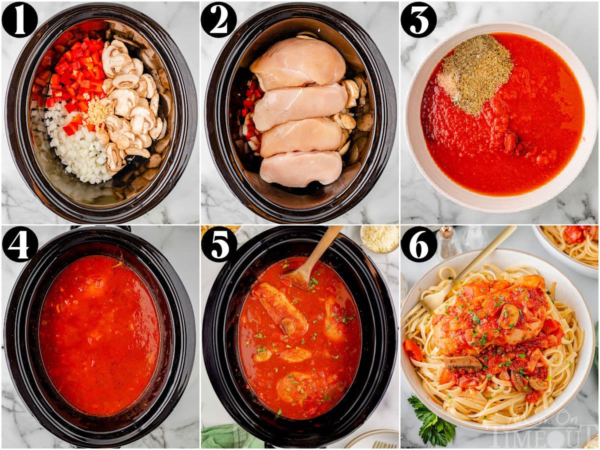 Collage image of process shots showing how to make slower cooker chicken cacciatore.