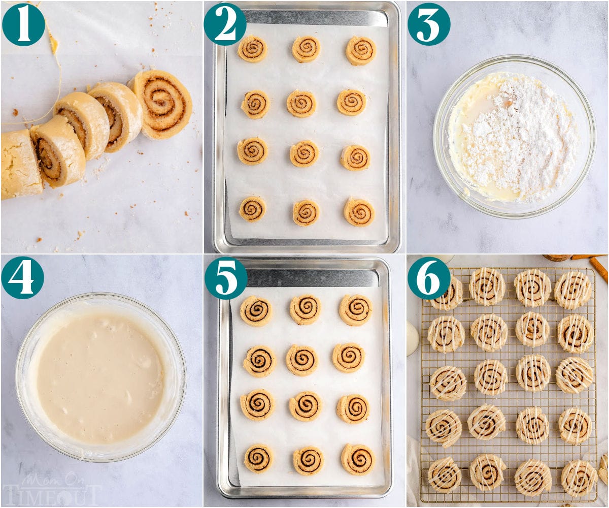 Collage of process shots that show how to make cinnamon roll cookies.