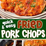 Three image collage of fried pork chops on a plate, in a skillet being fried and with a piece cut off. Center color block with text overlay.