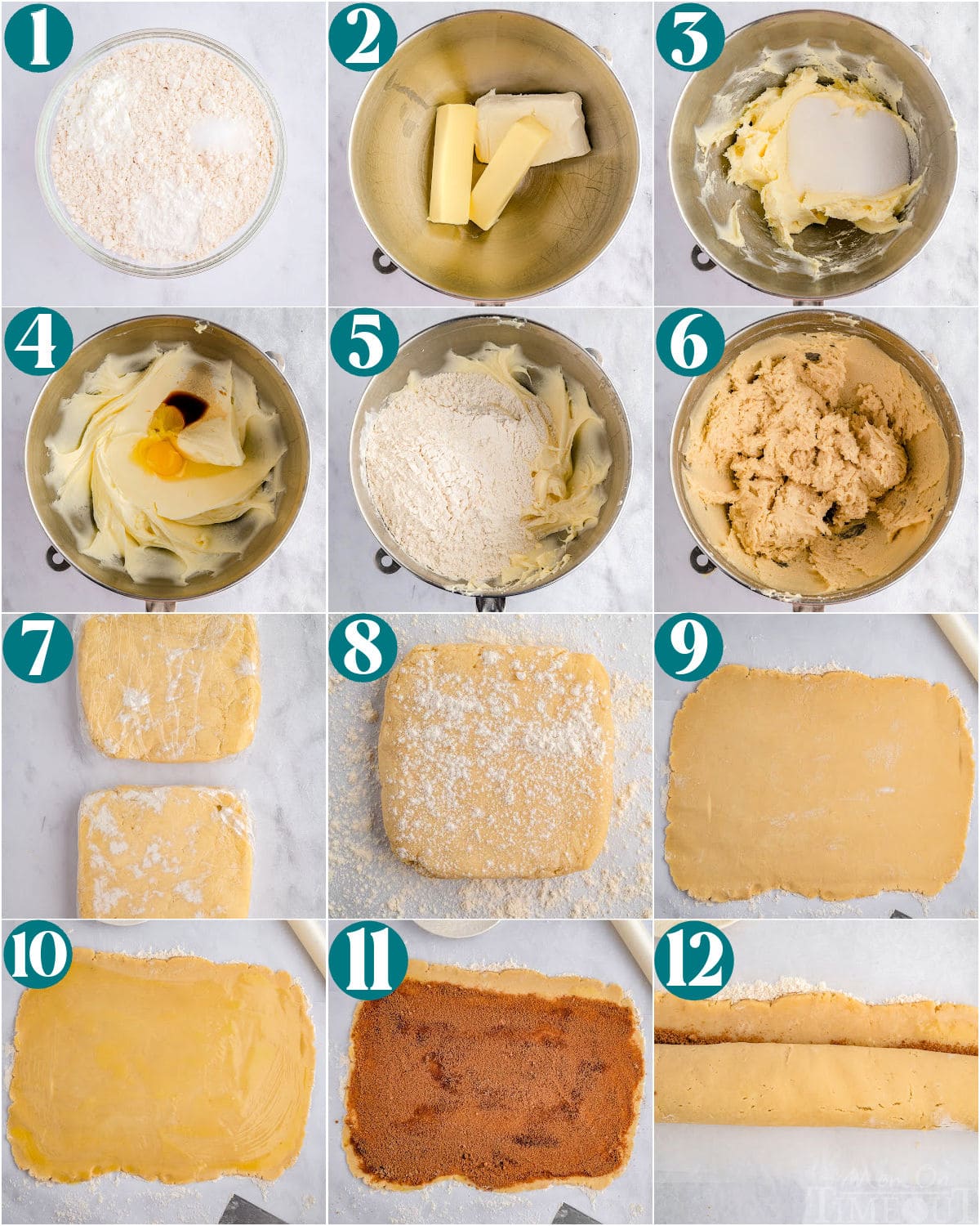 Collage of process shots showing how to make cinnamon roll cookies