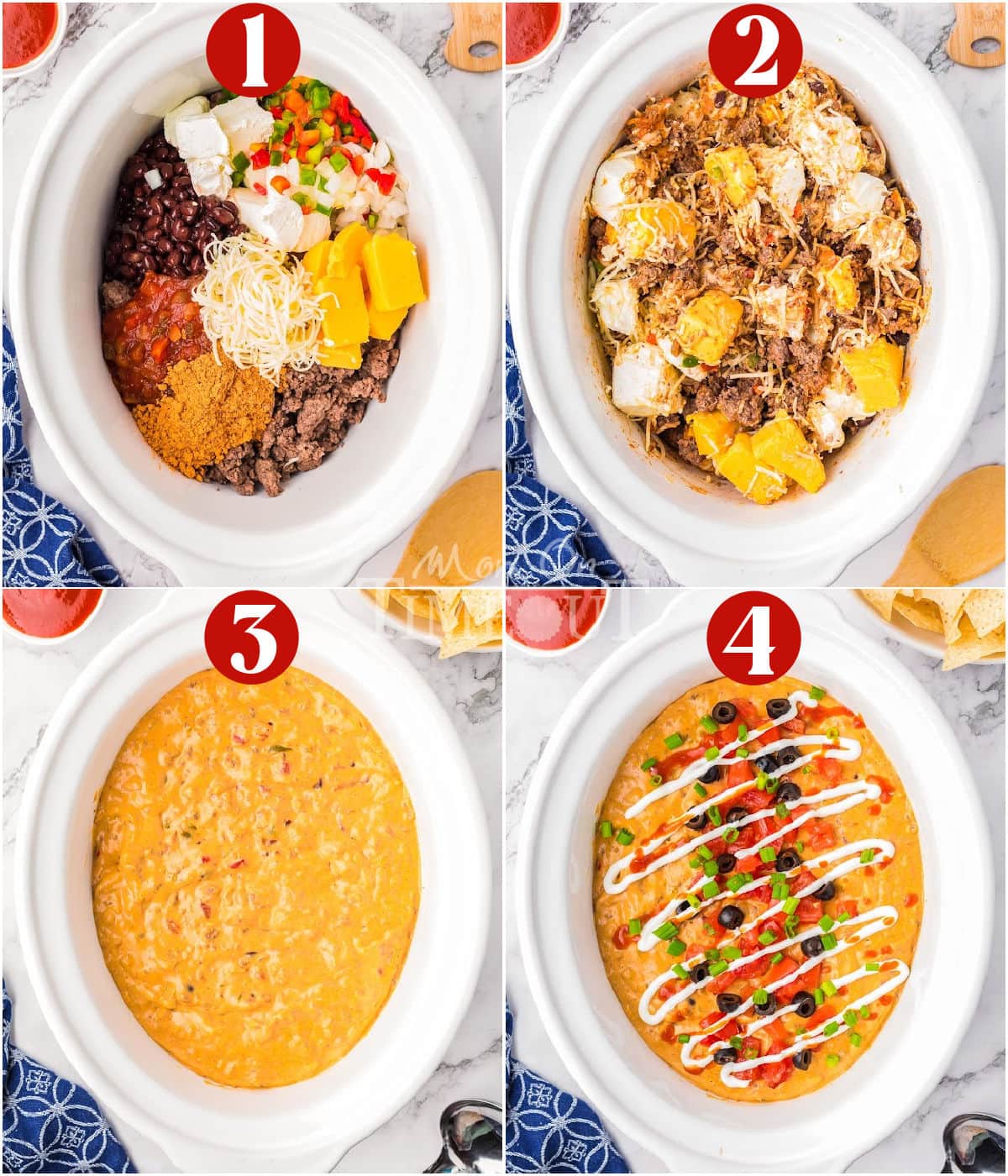 A collage of process shots that show how to make crockpot taco dip.