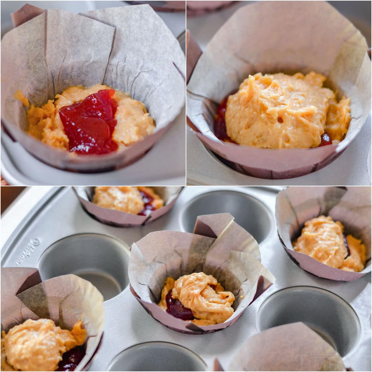 Three image collage showing how to make peanut butter and jelly muffins.