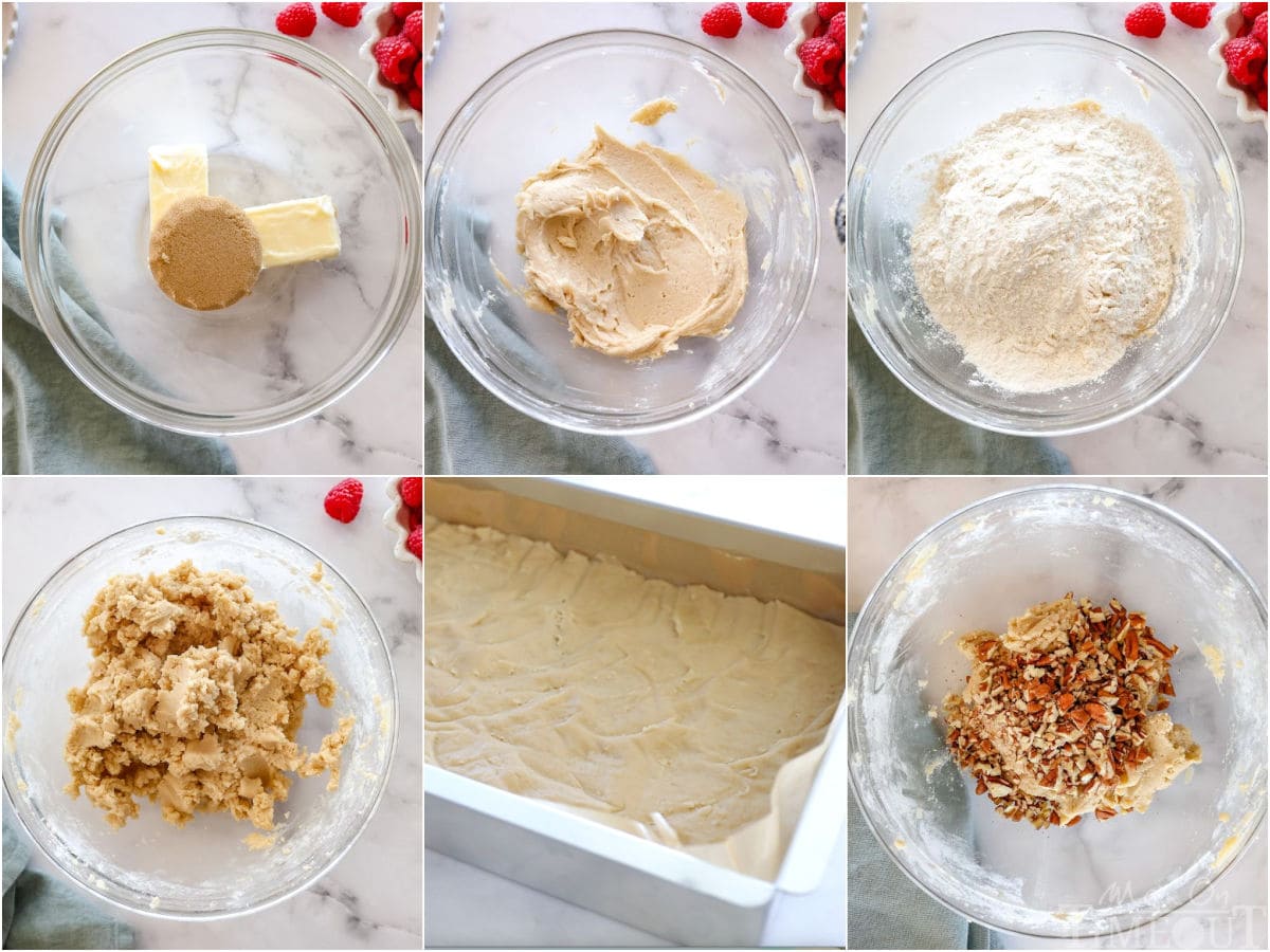 Six image collage showing how to make the crust of the crumb bars.