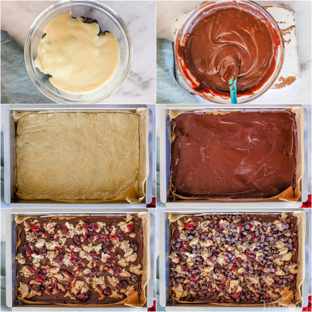 six image collage showing how to make the raspberry crumble bars step by step.