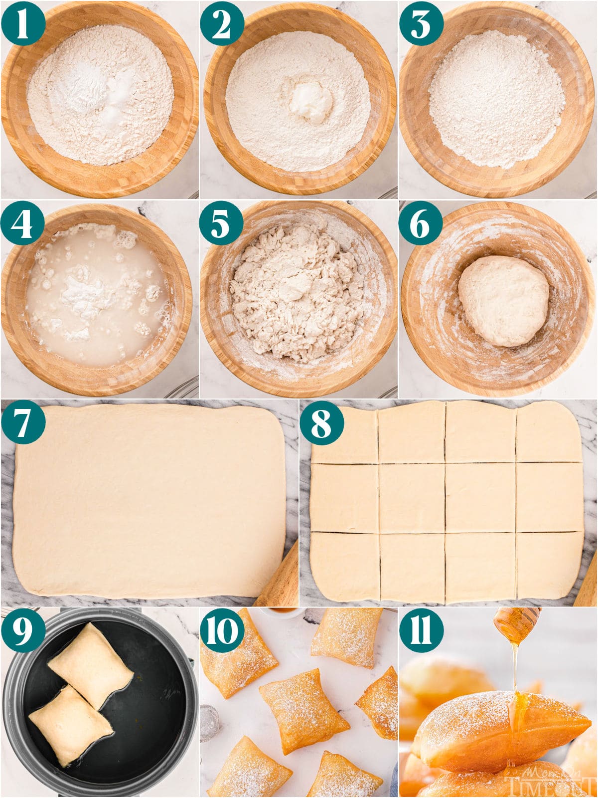 A collage of process shots that shows how to make sopapillas.