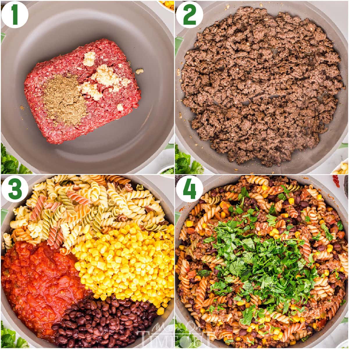 Four image collage showing how to make an easy taco pasta recipe.