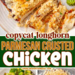 Three image collage for longhorn parmesan crusted chicken shown plated with roasted broccoli and cut into strips. A process shot of the chicken going into the broiler is also shown. Center color block with text overlay.