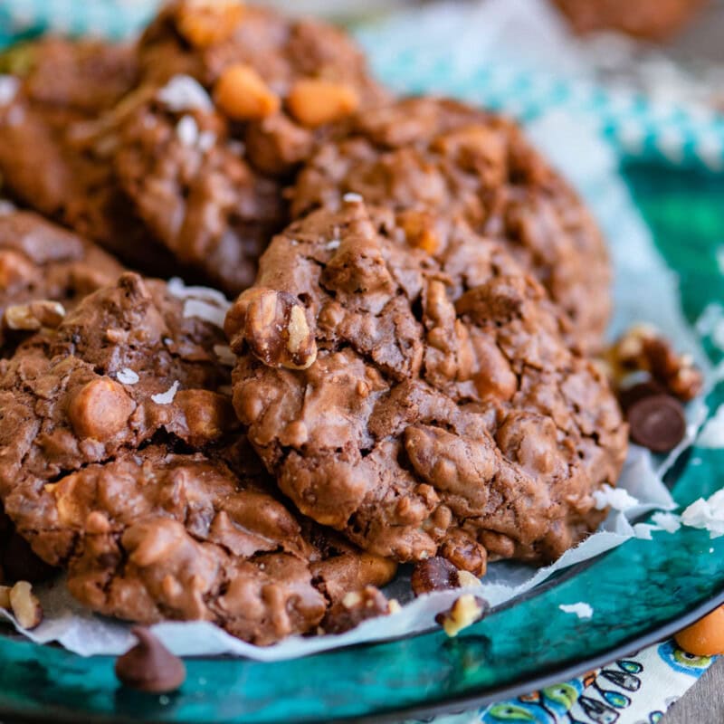 Magic brownie cookies on a blue plate ready to be enjoyed.