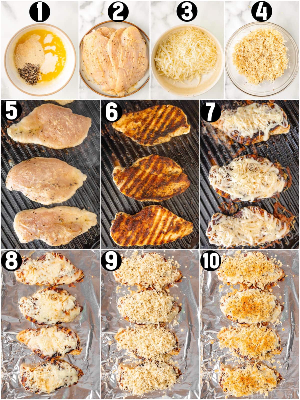 A collage of process shots that show how to make the Longhorn parmesan crusted chicken recipe.