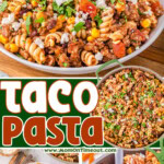 Three image collage showing Taco Pasta served up in a bowl topped with cilantro and cheese and then also in a skillet ready to be served. Center color block with text overlay.