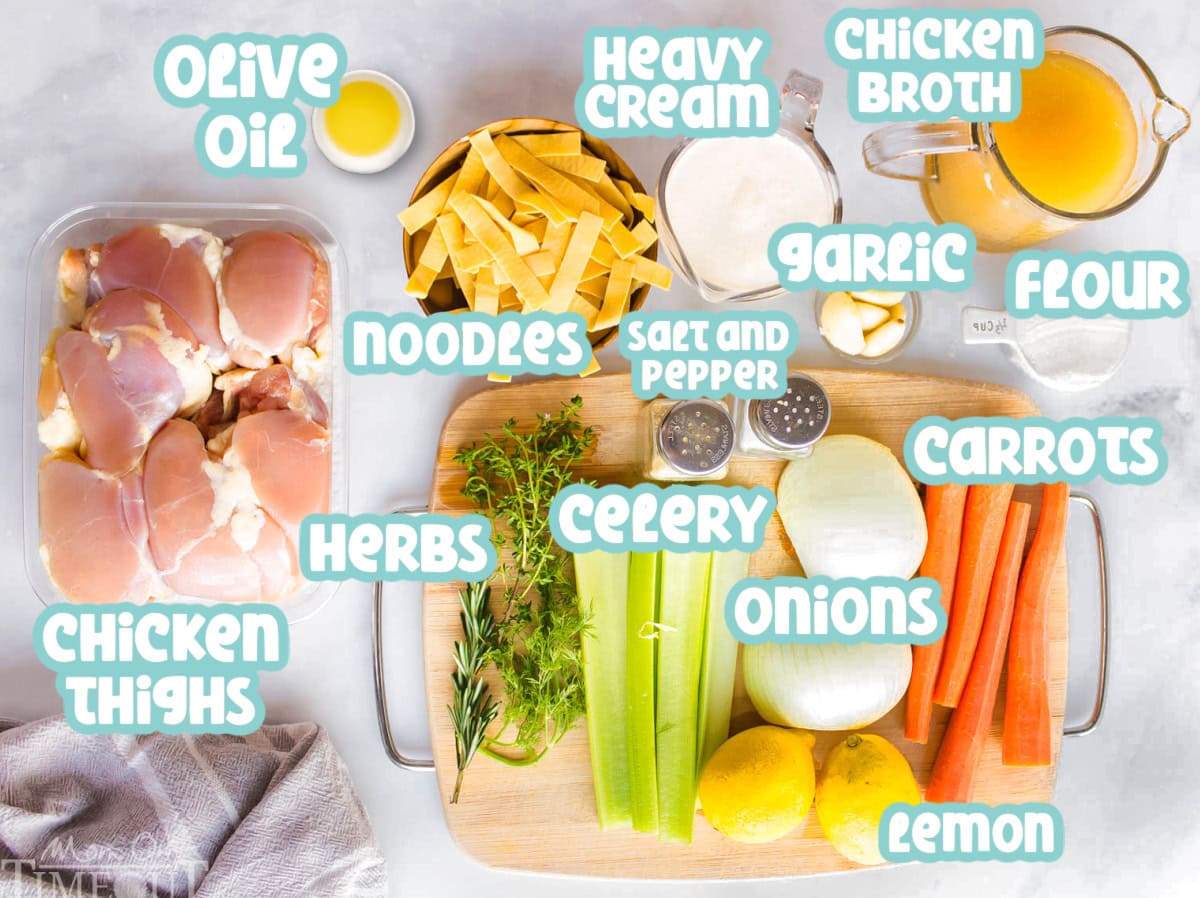 An image that shows all of the ingredients used in creamy chicken noodle soup.