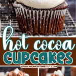 A collage image with three different photos of hot chocolate cupcakes. A colored text overlay is in the middle.