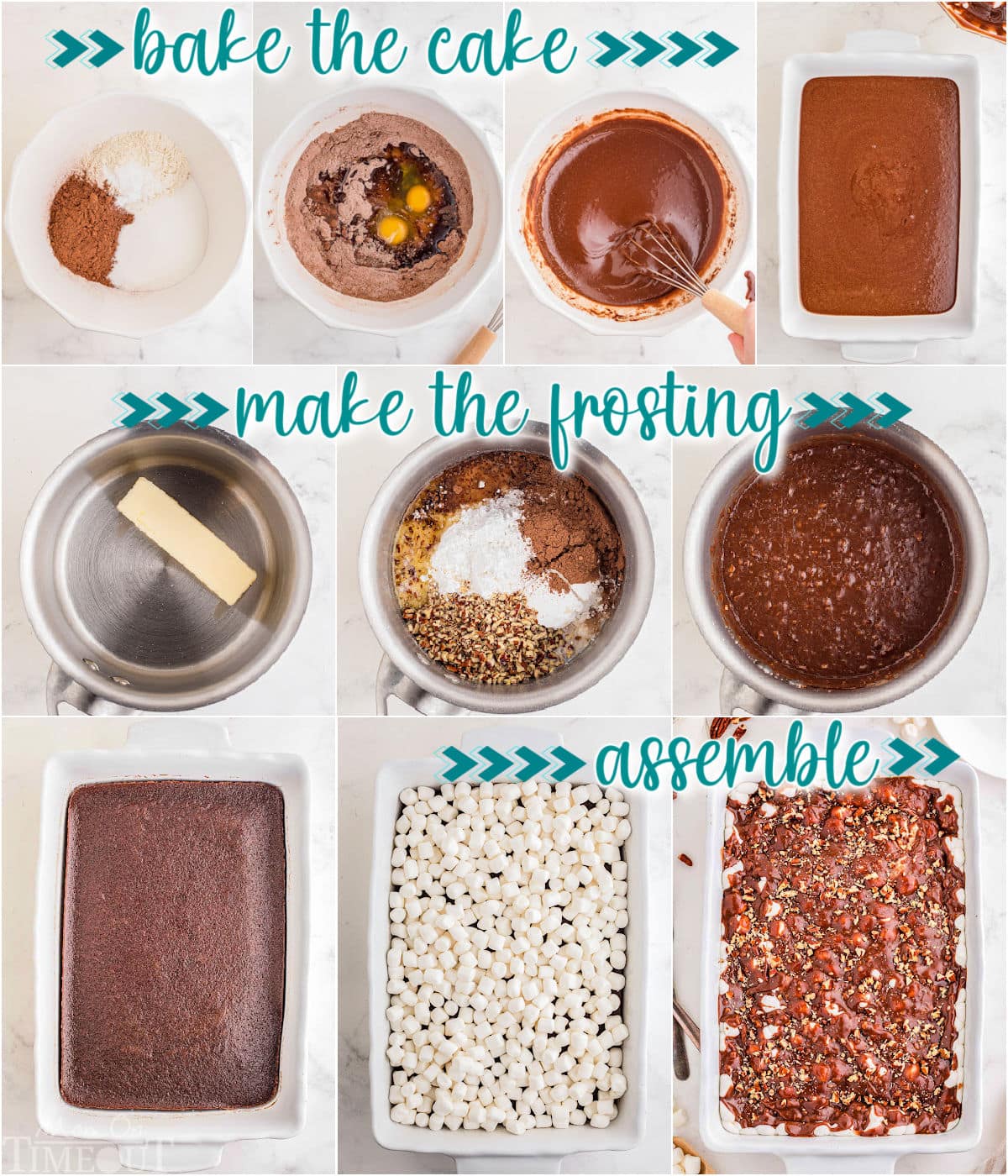 Ten image collage that shows the step by step process of making the Mississippi Mud Cake recipe including the chocolate frosting.