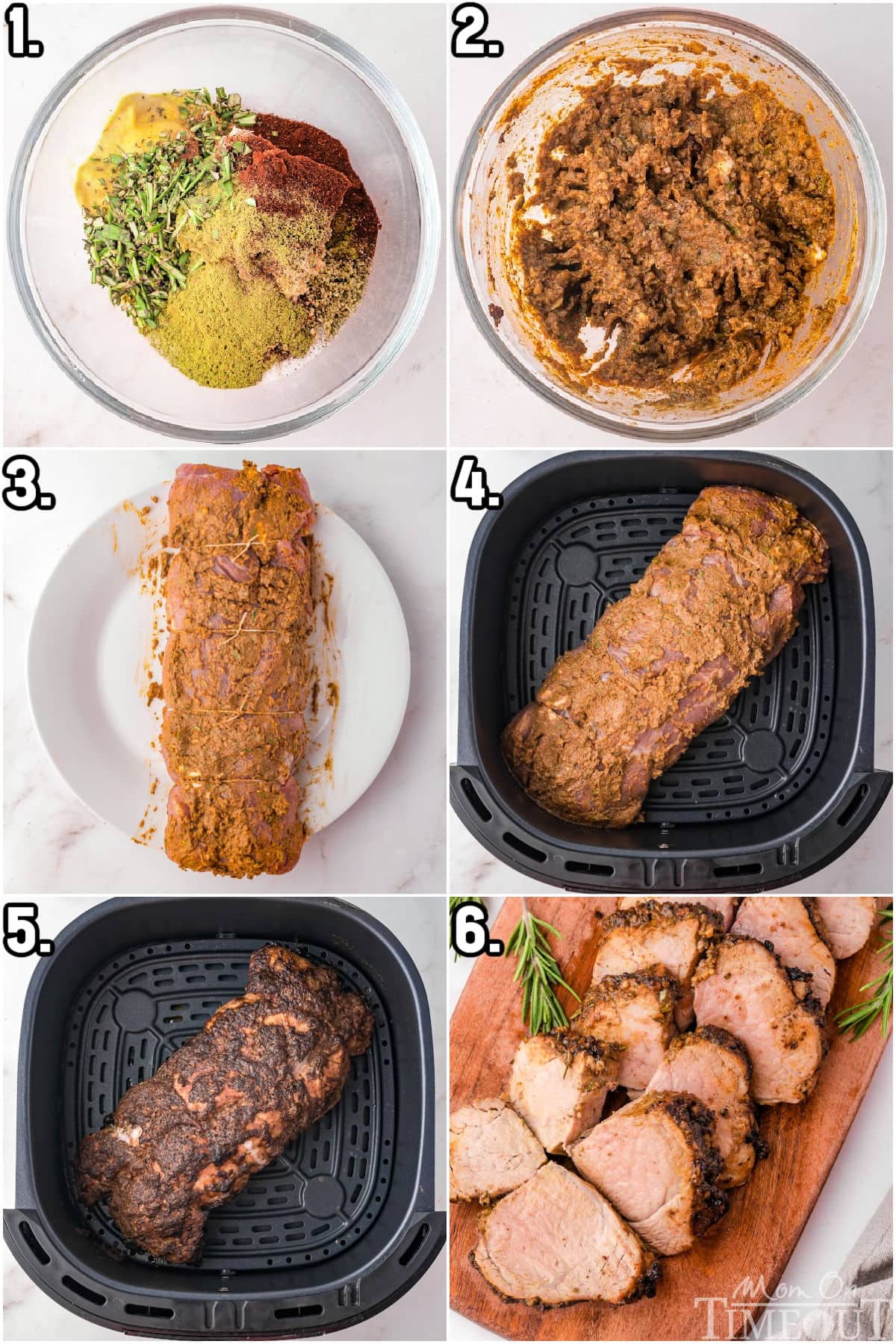 Six image collage showing how long to cook pork tenderloin in air fryer and how to prepare it.