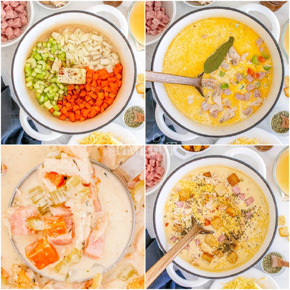 4 image collage that shows how to make chicken cordon bleu soup.