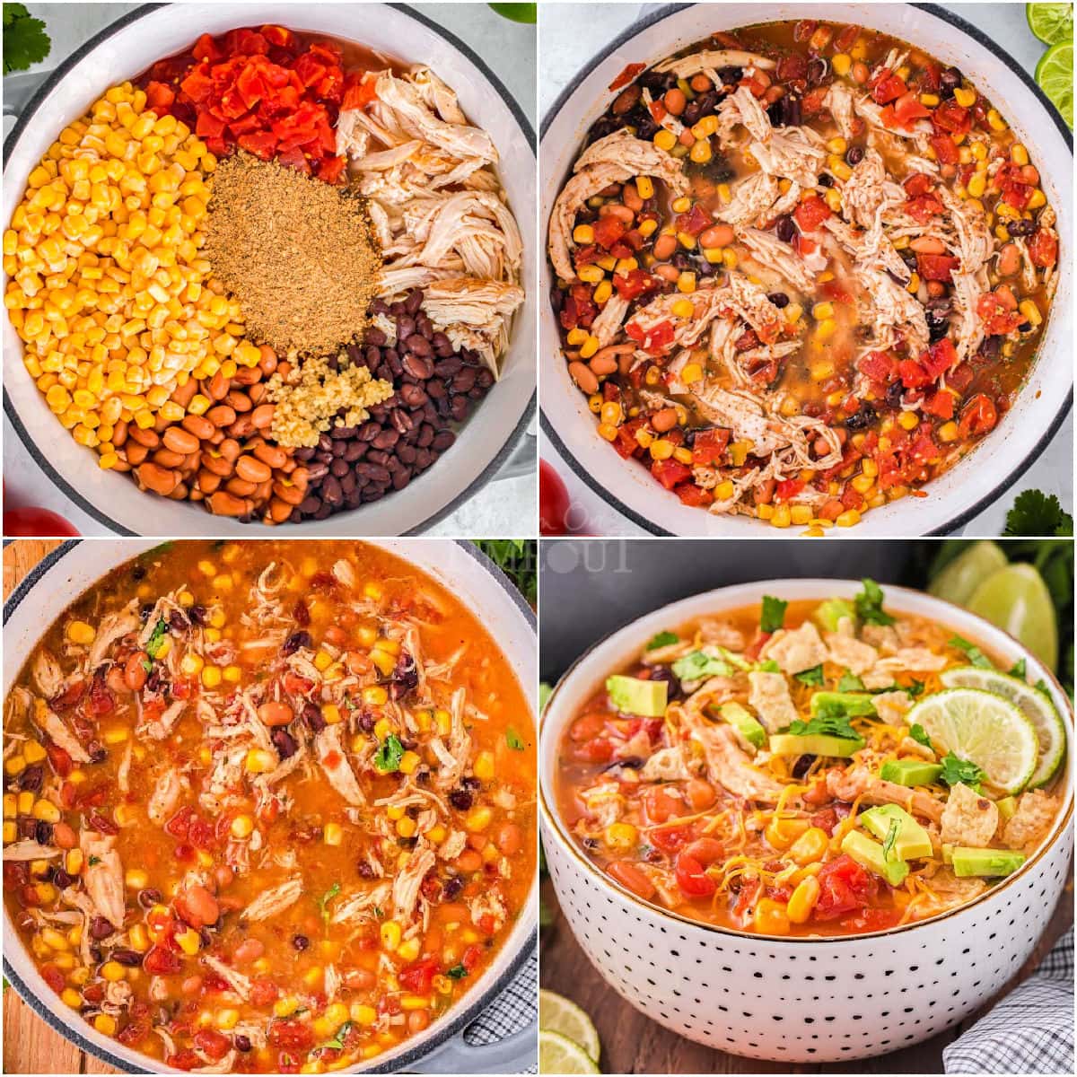 A 4 photo collage that shows the steps for making chicken taco soup.