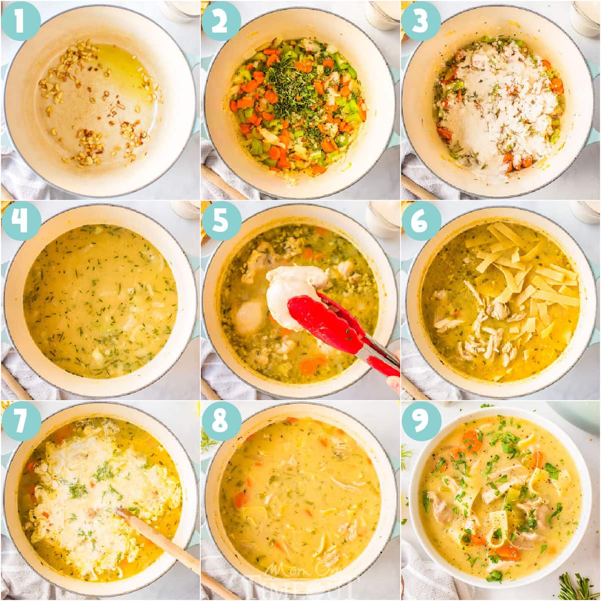 A collage of process shots that show how to make creamy chicken noodle soup.