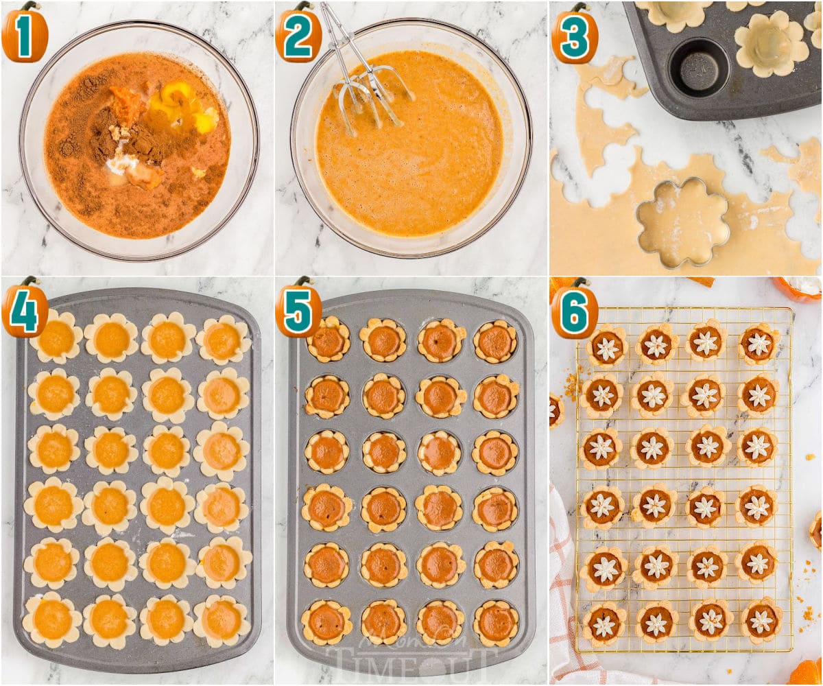 Collage of images that shows each of the steps to make mini pumpkin pies.