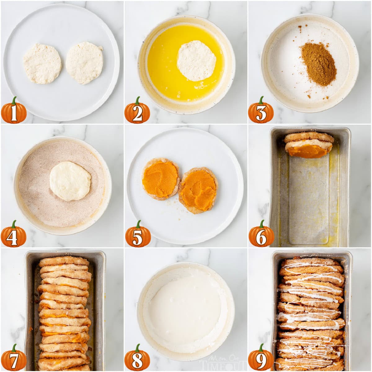 Nine image collage showing how to make, assemble and bake the pumpkin pull apart bread.