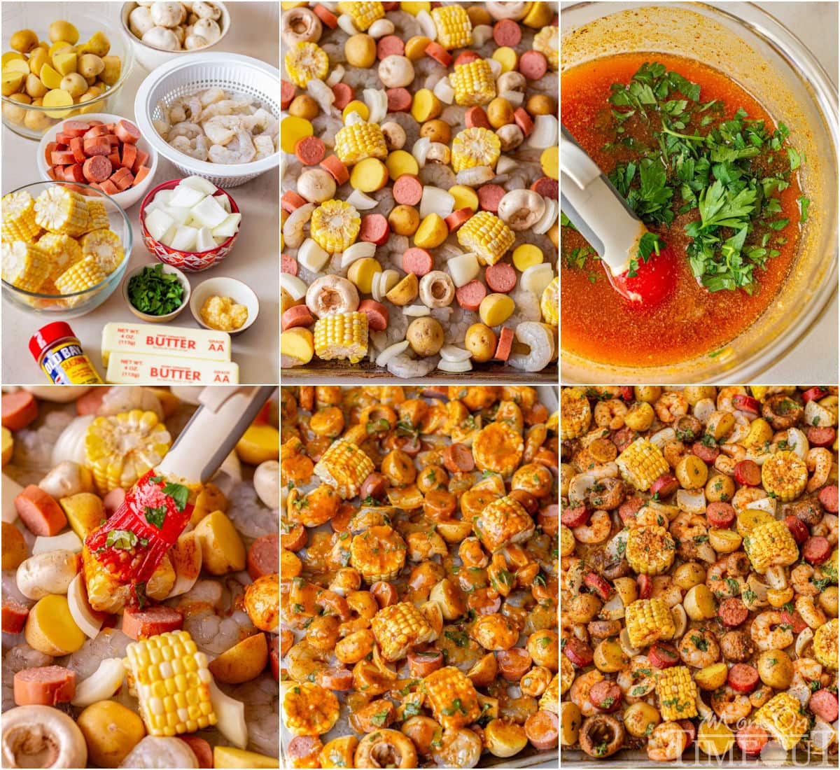 Six image collage showing how to make a shrimp boil on a sheet pan.