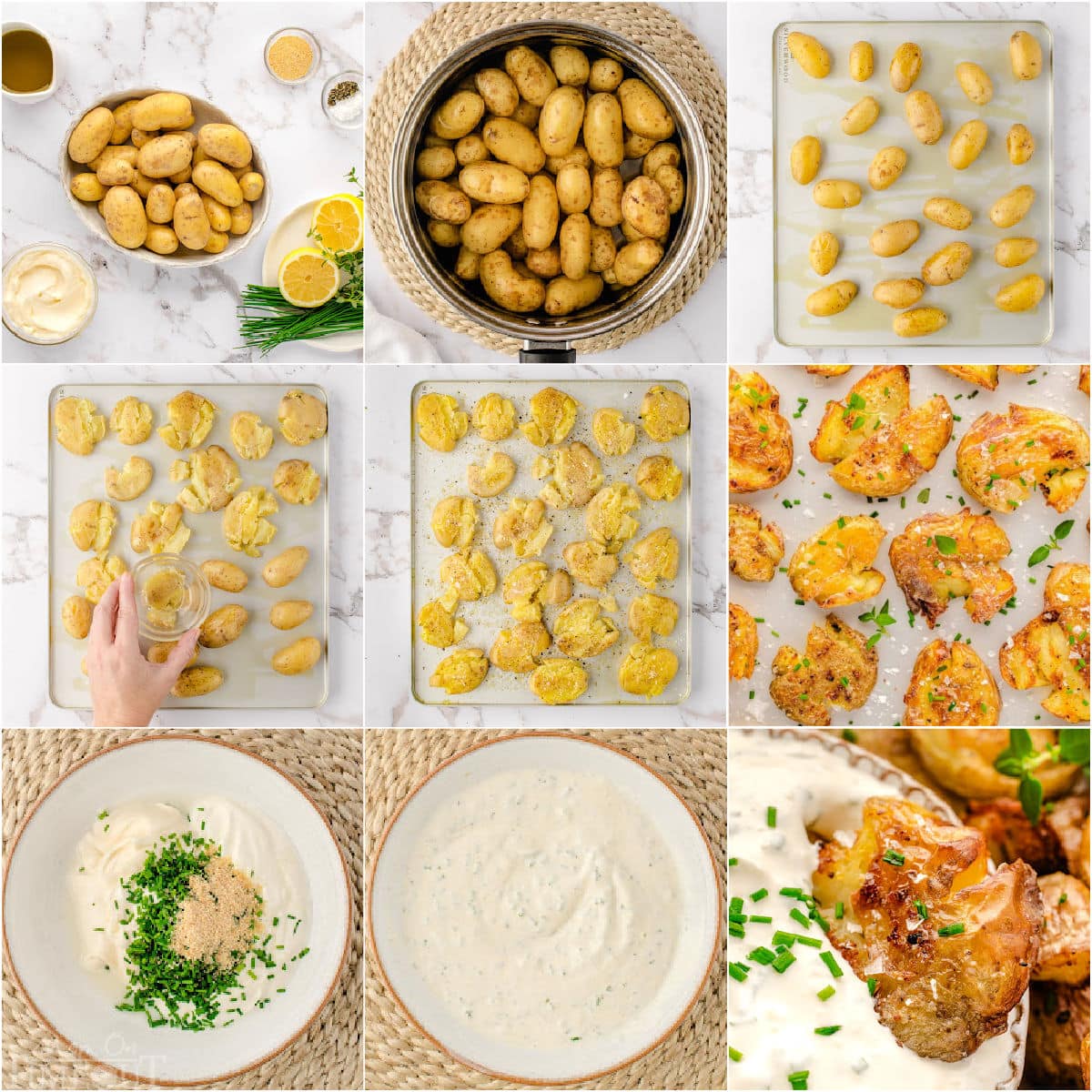 Nine image collage showing how to make smashed potatoes and a sour cream dip.