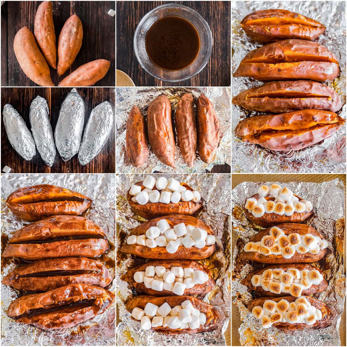 Collage of images that shows each of the steps to make twice baked sweet potatoes recipe.