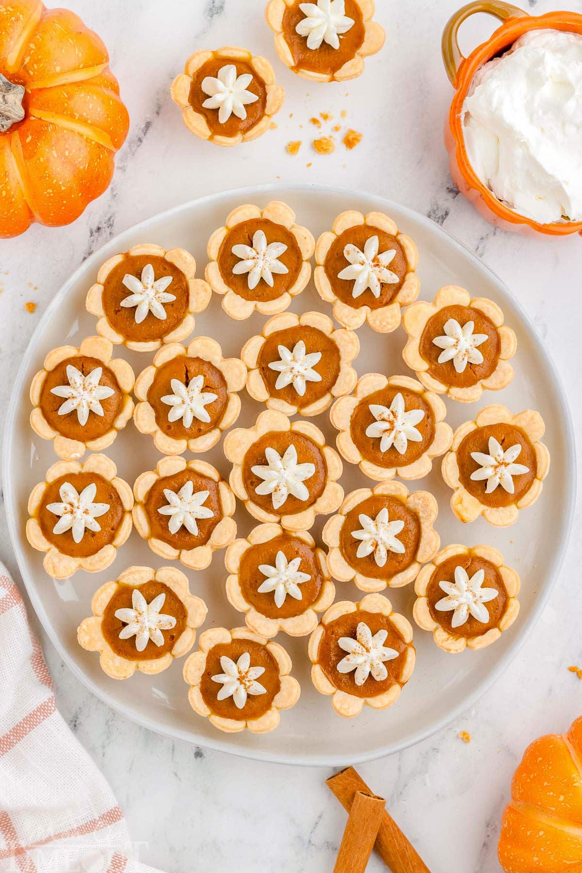 Top down view of mini pumpkin pies on a round serving plate topped with whipped cream and a dash of cinnamon.