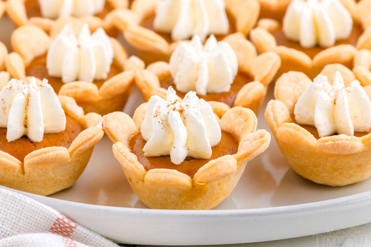 Side view of mini pumpkin pies on a white plate.