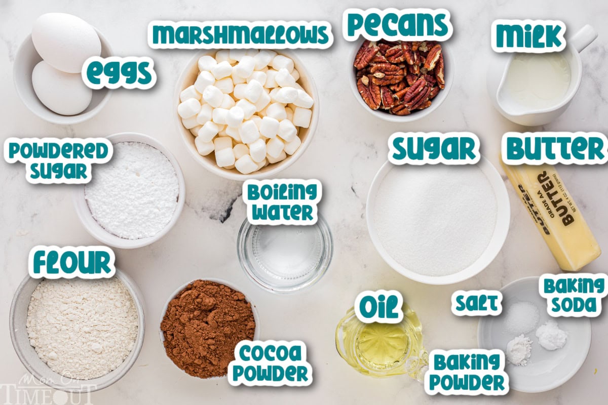 Top down view of the ingredients needed to make Mississippi Mud Cake measured out and ready to be used. Ingredients are labeled on this image.