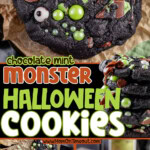 A 3 image collage that shows photos of monster halloween cookies. There ia a colored text overlay in the middle.