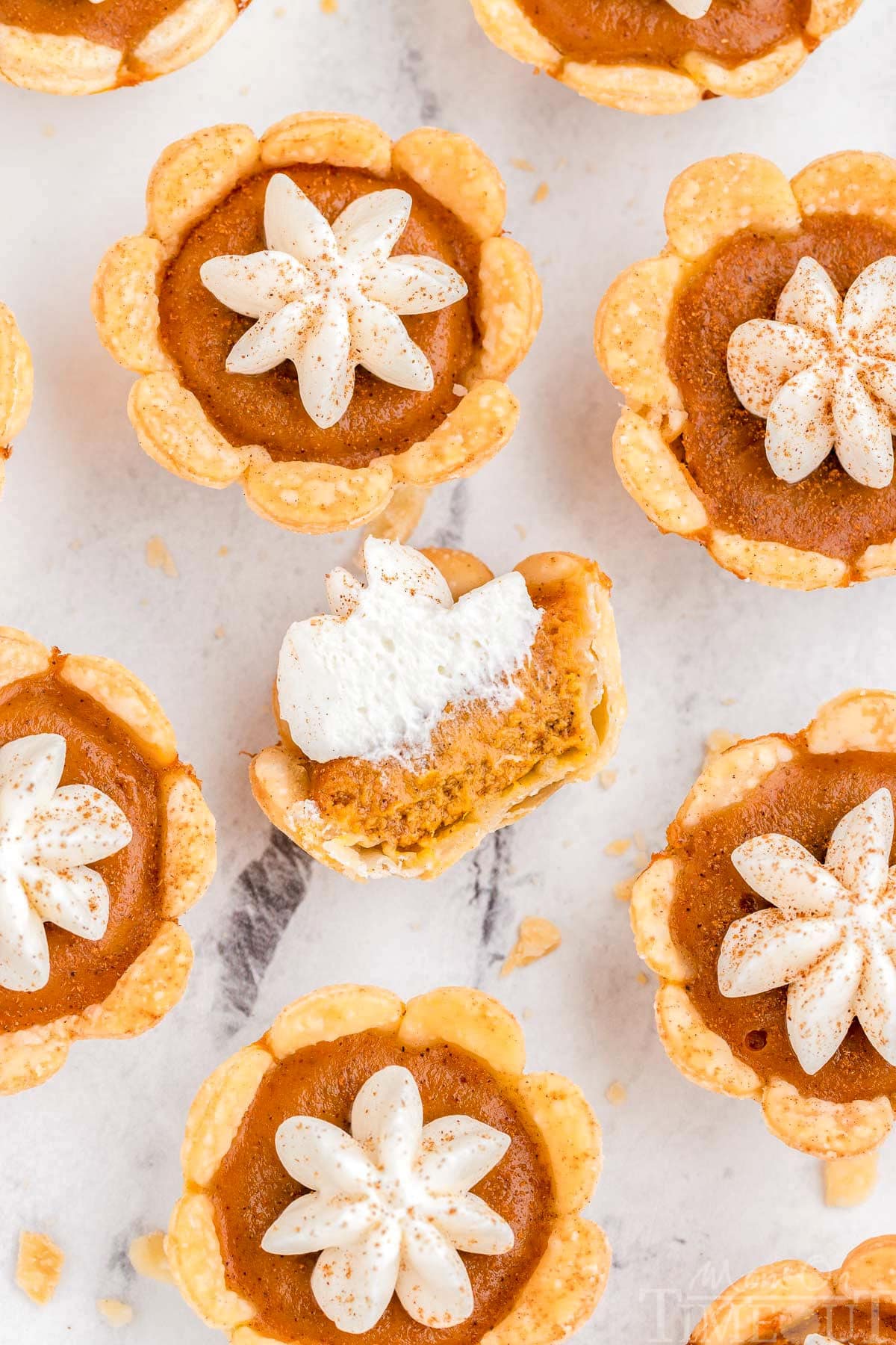 Top down shot of mini pumpkin pies on a marble surface. One of the pies has a bite taken out of it.