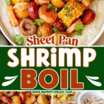 Three image collage of a shrimp boil recipe prepared on a sheet pan. The boil is plated with garlic, showing on the sheet pan and the third image shows the ingredients. Center color block with text overlay.