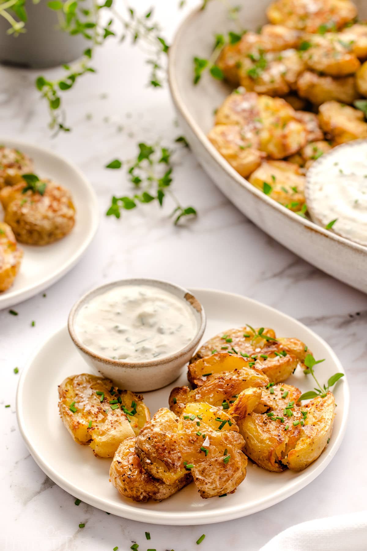 Smashed potatoes plated on a small round white plate with sour cream dip. Platter with more smashed potatoes in the background.