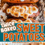 Three image collage showing twice baked sweet potatoes from different angles. Center color block with text overlay.