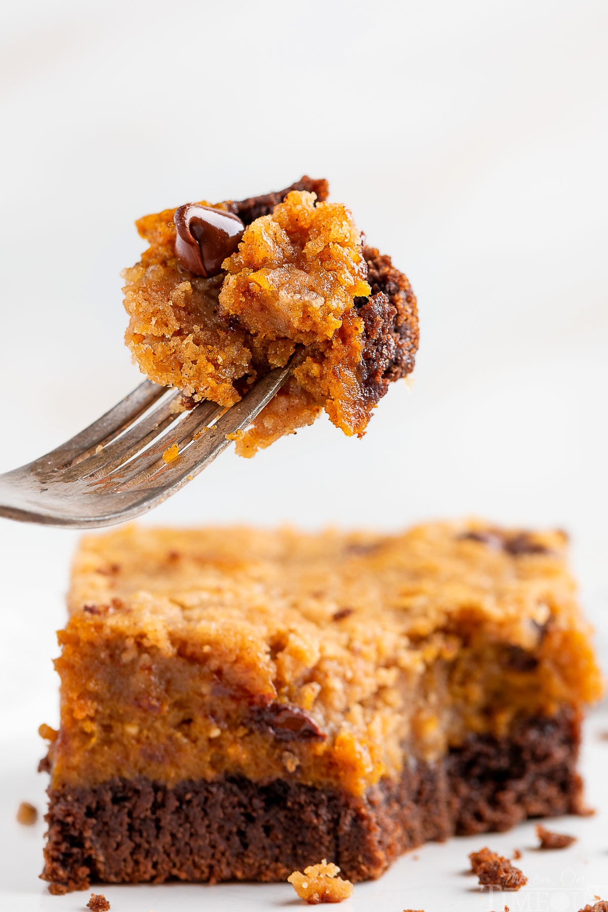 A fork holding a bite of chocolate pumpkin bars over a bar on a white plate.