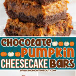 A pinterest pin with three images of chocolate pumpkin bars stacked three tall, a bite on a fork and a close up of the creamy pumpkin layer and rich chocolate cake base. A colored text overlay is in the middle.