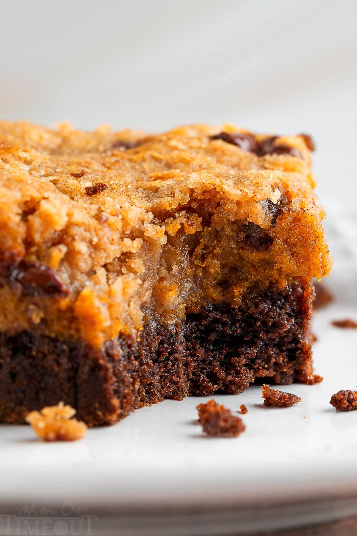 A chocolate pumpkin bar with a bite out of it. The bar is on a white plate.