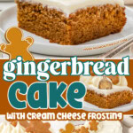 An image collage with 3 different photos of gingerbread cake. A colored text overlay is in the middle.