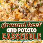 Three image collage of ground beef casserole with potatoes, shown in casserole dish and on plate. Center color block with text overlay.